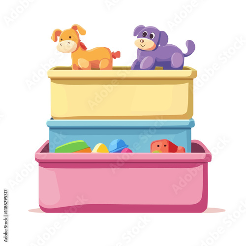 2D flat vector illustration of Storage Bins With Toys, isolated on a white background.