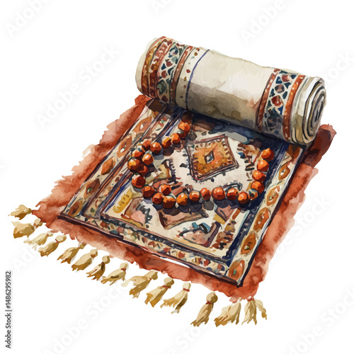 Ramadan Prayer Mat And Beads, watercolor vector, high quality, isolated on a white background.
