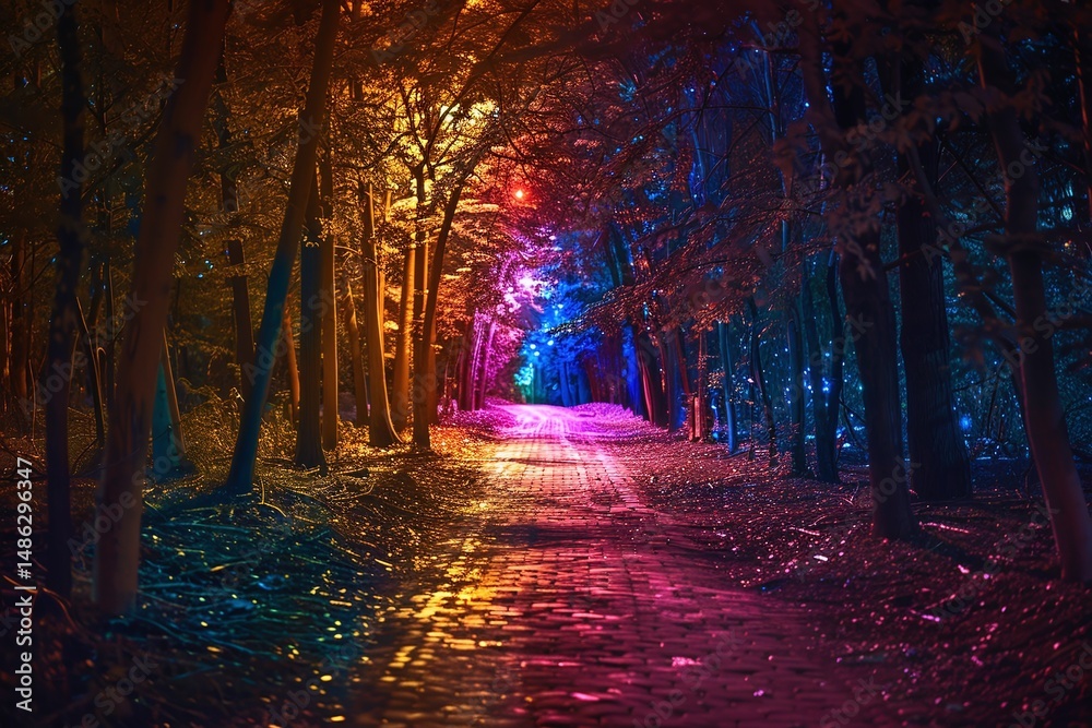 Fototapeta premium Rainbow Illuminated Path Through Dark Forest at Night Varient 2