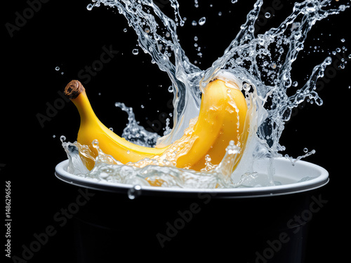 Fresh banana splashing into water bucket