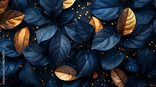 Stylish golden foliage on blue texture high resolution photo
