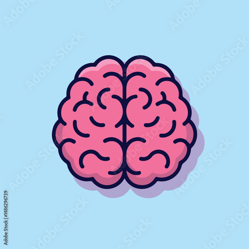 Cartoon-style pink brain with navy outline on light blue background. Minimalist vector with smooth curves and soft purple shadow. Simple, clean, and centered design.