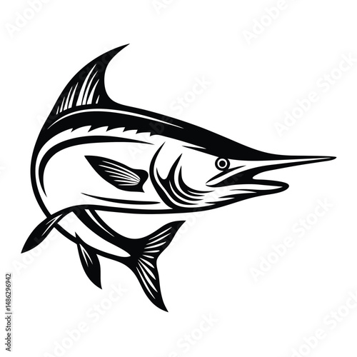 Black and White Marlin Fish Illustration, Silhouette, Ocean Wildlife, Isolated Design