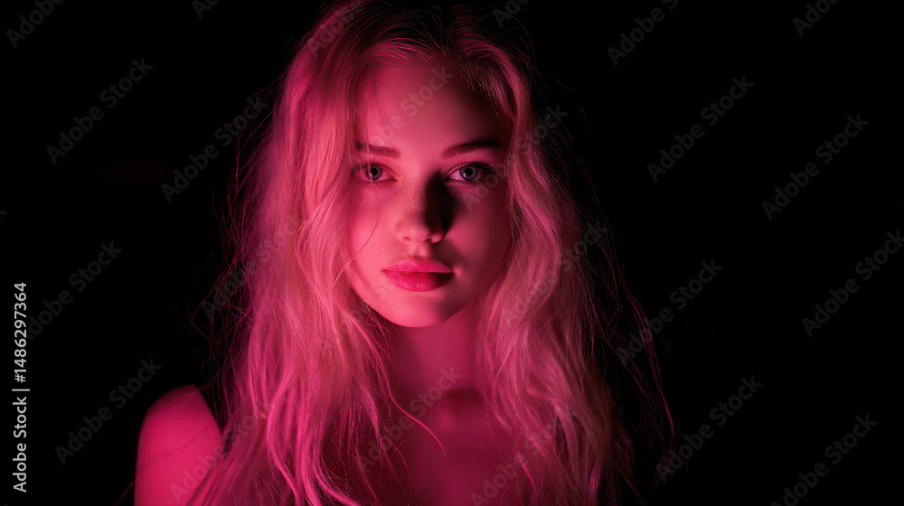Obraz premium Vivid Monochrome Portrait of Woman in LED Darkness
