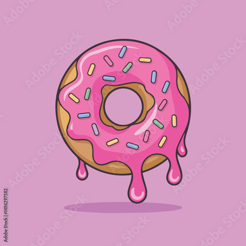 Cute digital illustration of a melting donut with pink glaze and colorful sprinkles on a soft pink background. Minimalist style with smooth gradients and pastel tones.