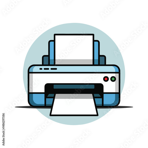 Minimalist flat design illustration of a white and blue printer with paper, buttons, and shadow, centered on a light blue circular background. Clean, modern vector graphic.