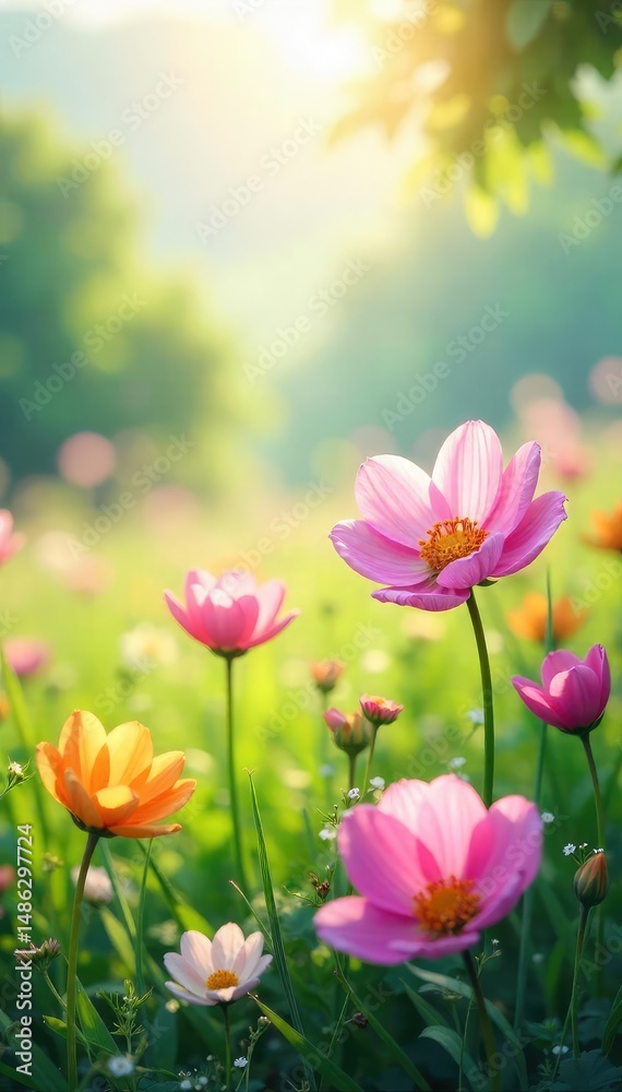Fototapeta premium Pastel-colored flowers bloom in a sun-drenched meadow, a gentle breeze rustling through the petals; a scene of idyllic, tranquil beauty, radiating pure, unadulterated joy , romantic, wonder