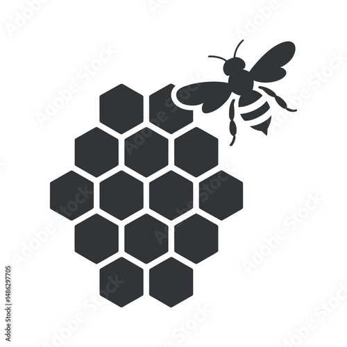 Honeycomb and Bee Icon Black and White Graphic Design Element
