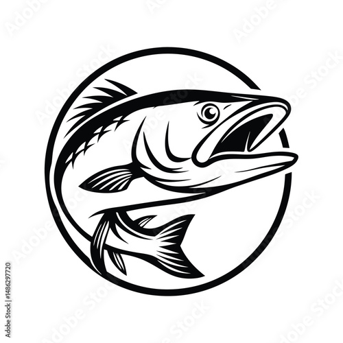 Monochrome Barracuda Silhouette Detailed Fish in Circular Design