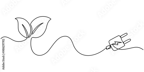 Plant with a plug in continuous one line art style. Green energy concept. Simple vector, Continuous line art green energy plug concept, Clean Energy Continuous Line Editable Icon, Eco-Friendly.