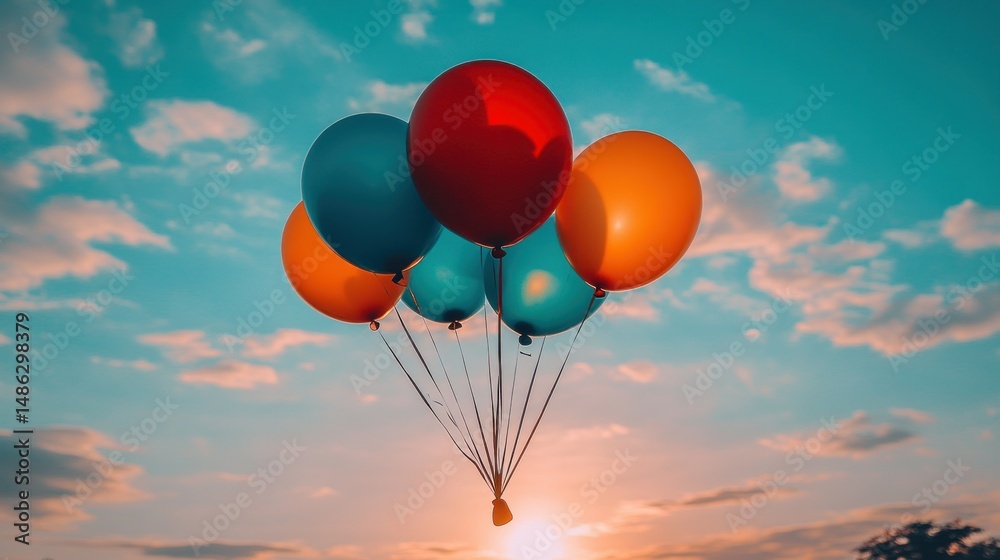 Fototapeta premium Colorful balloons floating in the sky at sunset