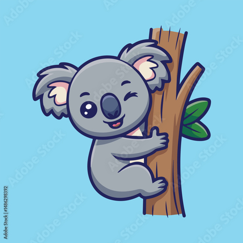 Cute cartoon koala clinging to a brown tree trunk with a green leaf, winking and smiling. Light blue background, kawaii style with clean lines and friendly design.