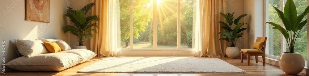Naklejka premium Serene room bathed in soft sunlight, ideal for peaceful meditation, featuring calming decor and comfortable seating Perfect for relaxation and mindfulness , tranquility, nature