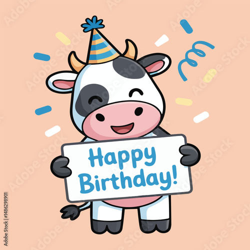 Cute kawaii baby cow wearing a blue and yellow striped party hat and black gloves, holding a Happy birthday! sign. Set against a peach background with confetti accents.