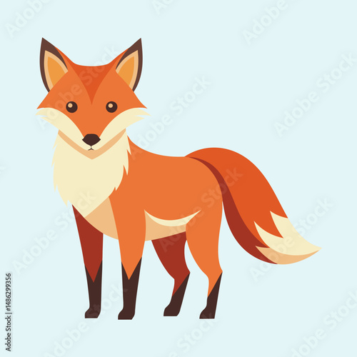 Stylized fox with orange fur and bushy tail stands gracefully on light blue