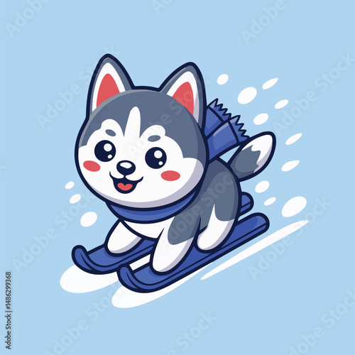 Adorable cartoon Husky skiing dynamically with a blue scarf and blue skis on a solid light blue background. Kawaii style with expressive eyes, gray fur, and cheerful smile.
