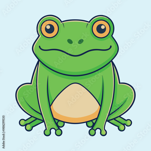 Cute cartoon frog sitting on a light blue background smiling calmly