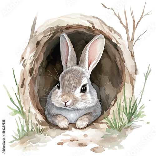 watercolor of Rabbit Resting In A Cozy Burrow, vector high quality, isolated on a white background.