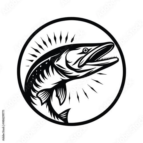 Aggressive Pike Fish Silhouette Illustration, Predator Wildlife, Black and White Design