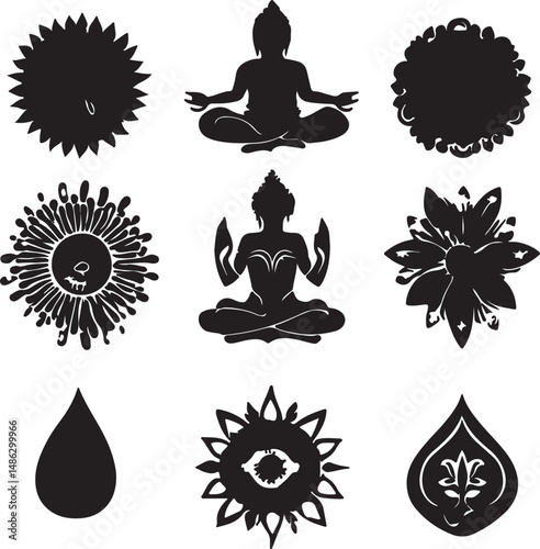 Buddha Silhouettes Vector Art: Spiritual Symbols, Flowers, Meditation