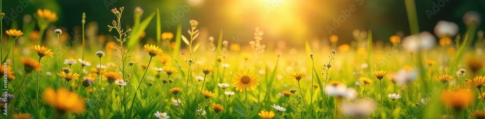 Fototapeta premium Sun-drenched meadow, wildflowers in full bloom, golden light illuminating lush green grass and vibrant flora A picturesque summer scene, perfect for nature and tranquility themes , vibrant, light