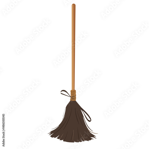 2D flat vector illustration of Witch Broomstick, isolated on a white background.