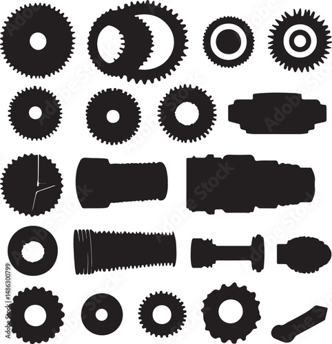 Black Silhouette Vector Illustration of Gears and Mechanical Parts