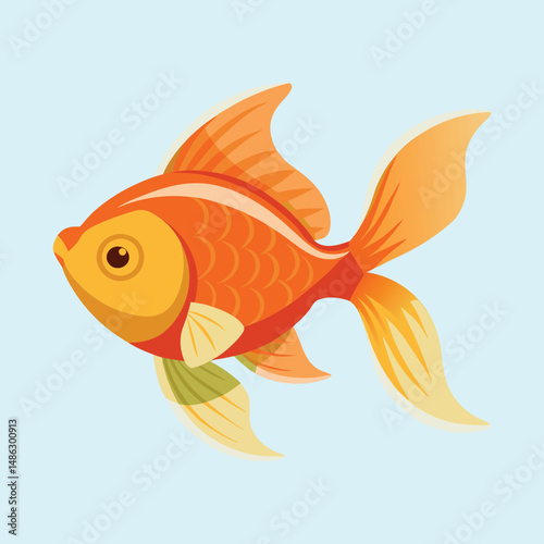 Cartoon image of a beautiful and colorful goldfish swimming in clear water