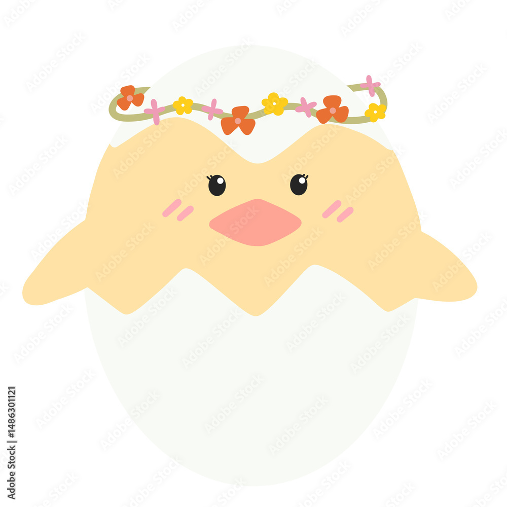 Fototapeta premium Cute yellow chick with cracked easter egg.