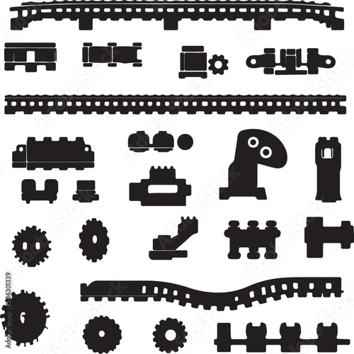 Black and White Silhouette of Toy Train Set Parts and Tracks Vector