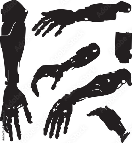 Robot Arm Silhouettes: Cybernetic Prosthetics Vector Graphics Design