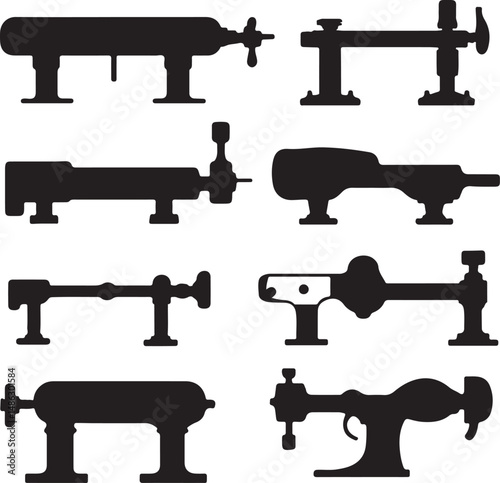 Silhouette Art: Vintage Lathe Machines, Black and White Vector Graphics