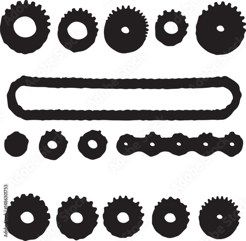 Black and White Gears and Chain Illustration - Mechanical Parts Art