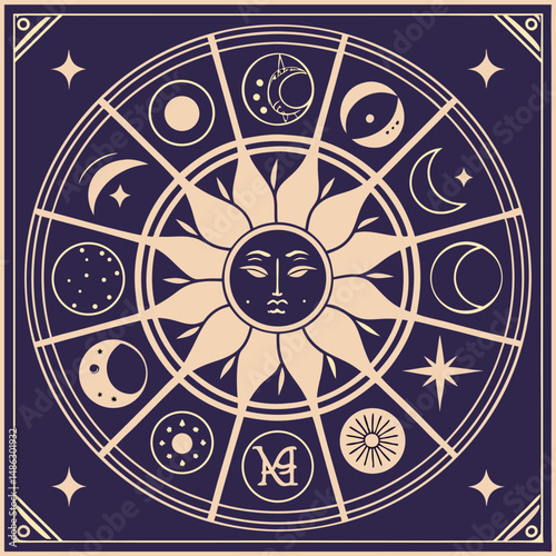 Celestial Harmony: A detailed celestial illustration, depicting the sun surrounded by various moon phases and stars, symbolizing the dance of cosmic elements and spiritual balance.