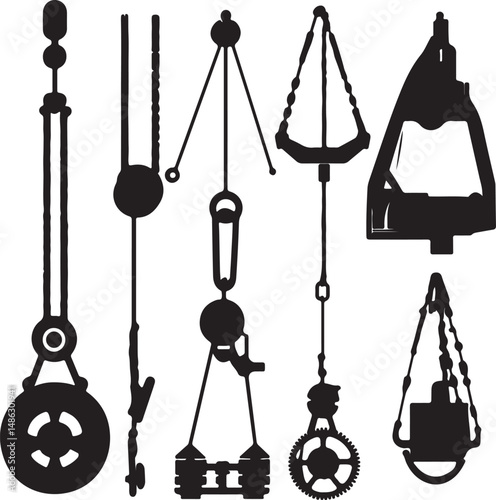 Silhouette of Antique Pulley Systems Vintage Mechanical Hoists Art