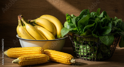Fresh Yellow Banana and Corn Kernels: Healthy Ingredients