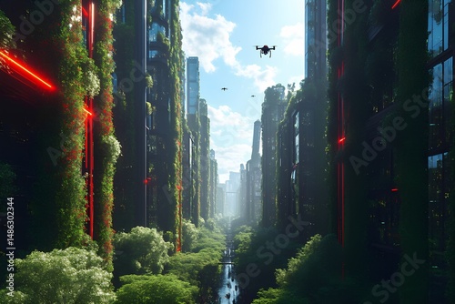Drones navigating through a futuristic urban environment featuring green overgrowth and towering red buildings