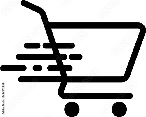 Graphic design of a minimal trolley in motion representing speed or express shopping action.