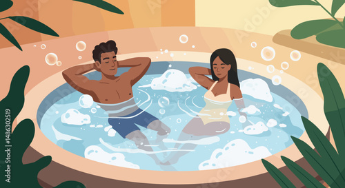 Young couple relaxing in hot tub surrounded by tropical plants  