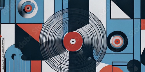 Vinyl record rotating on abstract geometric background symbolizing music and art