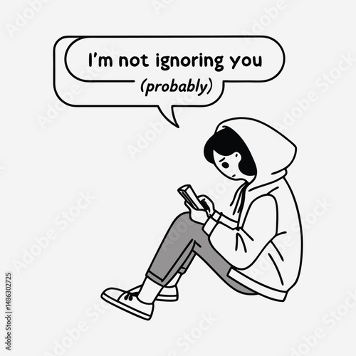 Minimalist T-Shirt Design – ‘I’m Not Ignoring You (Probably)’ with Slouched Hoodie Character and Left-on-Read Message Bubbles for Introvert Humor Style