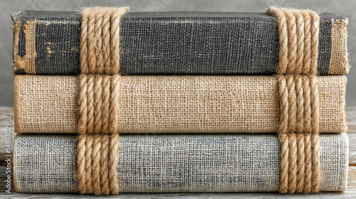 Stack of three vintage books wrapped in linen fabric and tied with jute rope on a rustic wooden table.