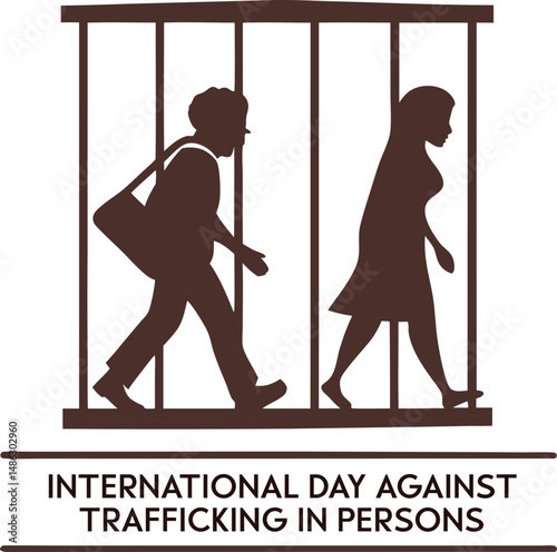 Silhouettes of Struggle: Depicting a stark visual commentary on human trafficking, two silhouettes symbolizing individuals trapped behind the bars.