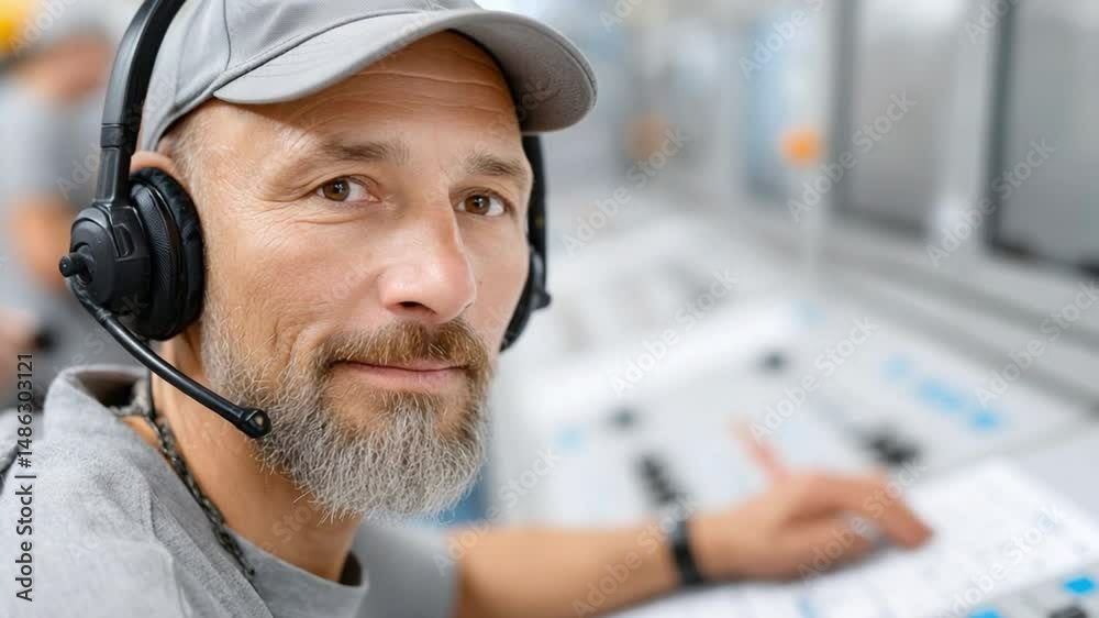 Man in Control: A focused operator with a headset monitors control panel, embodying professionalism and technical expertise.