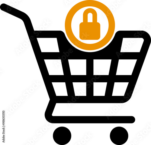 Cart icon with a closed padlock symbol over trolley indicating secure transactions or locked cart status.