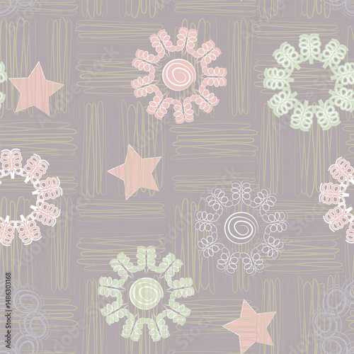 A background-free pattern of simple geometric elements assembled into multicolored flowers