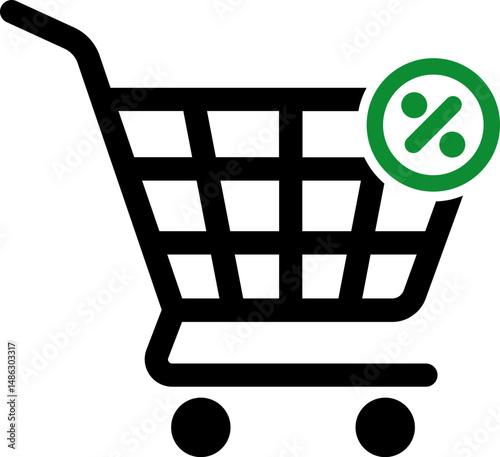 Shopping cart icon with a percent sign indicating discount or price reduction in an online shopping context.