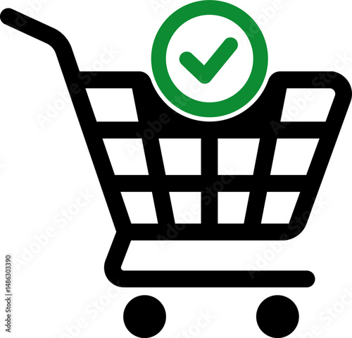 Shopping cart icon with a check symbol over the trolley indicating confirmation or approval in ecommerce.