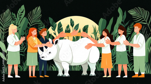 Diverse group of veterinarians and caretakers gently touching a white rhinoceros in a tropical jungle under a full moon.