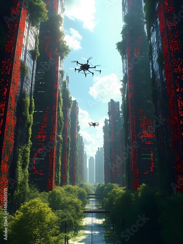 Drones fly above a lush green river as they navigate a vibrant cityscape. Towering skyscrapers with red accents are covered in greenery, creating a striking contrast against the blue sky.